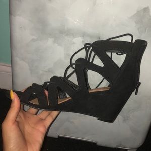 Black lace up wedge heels